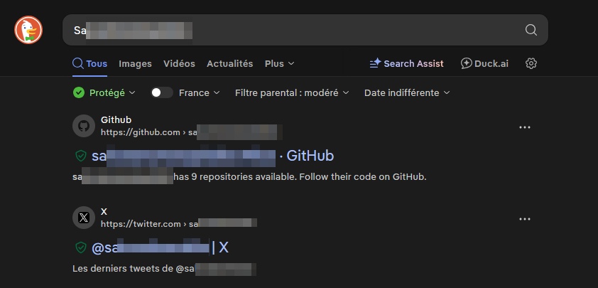 Recherche du pseudonyme dans Duckduckgo